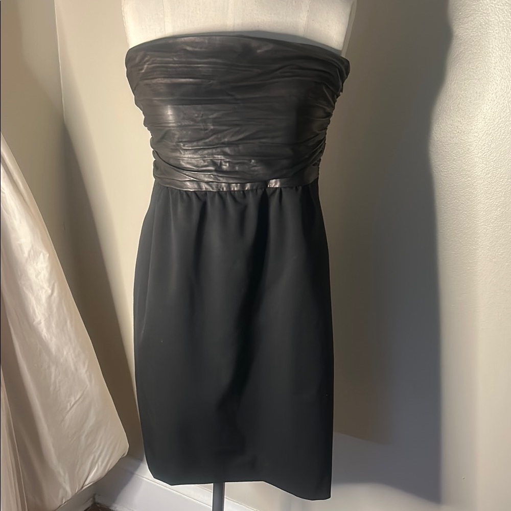 Theory Black Leather-top Strapless Sheath Dress with Pleated Ruched Design